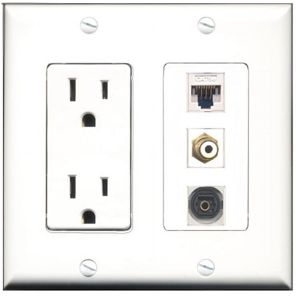 RiteAV - 15 Amp Power Outlet 1 Port RCA White 1 Port Toslink 1 Port Cat5e Ethernet White Decorative Wall Plate