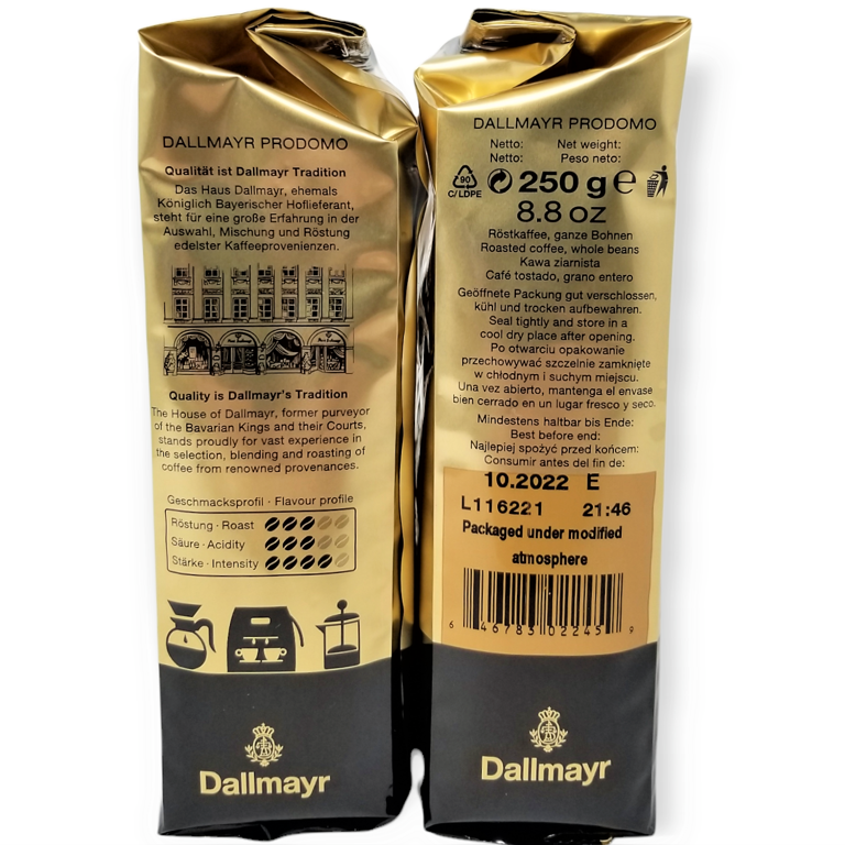 Dallmayr Coffee, Prodomo (Whole Bean), 250g Vacuum Packs (Pack of