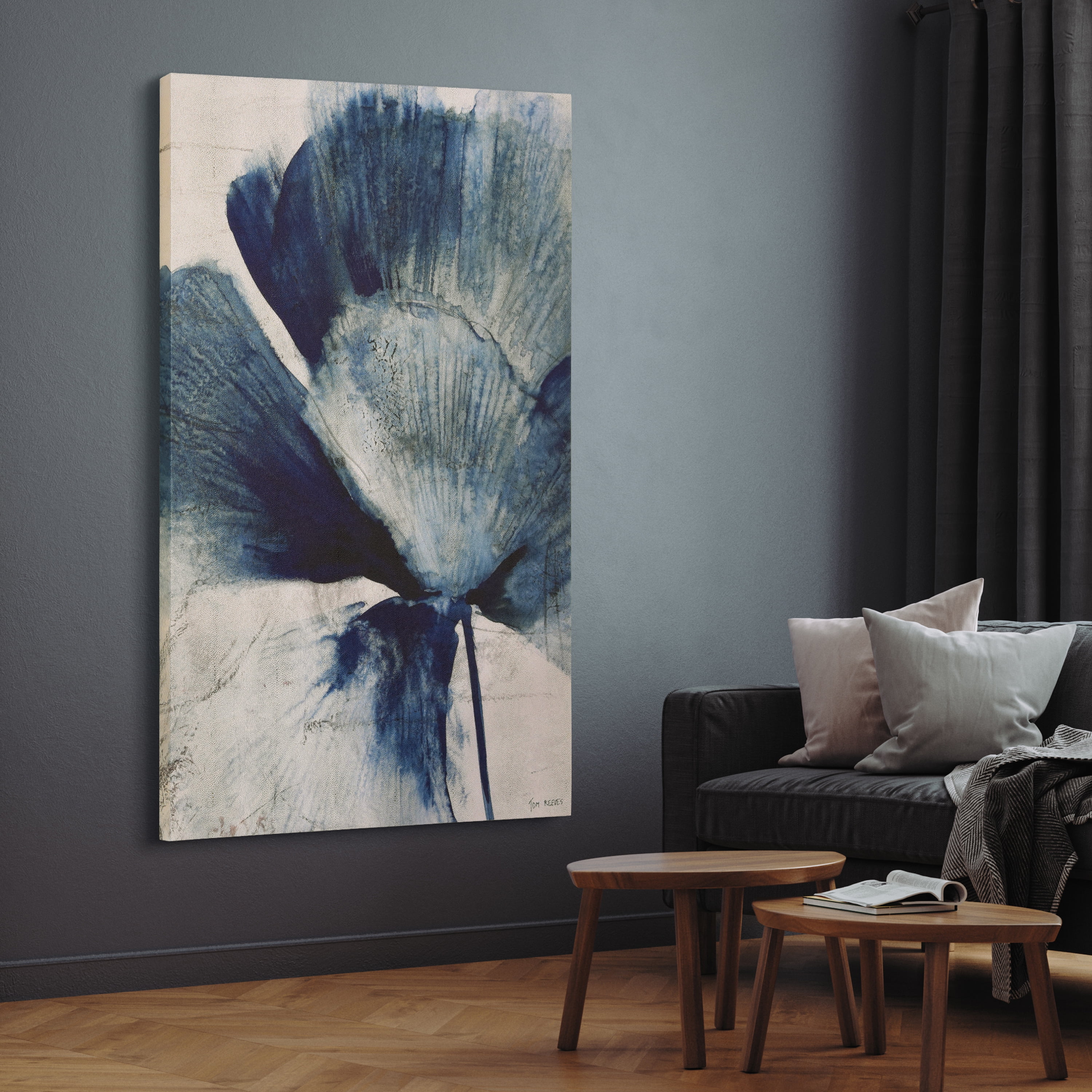 "Azure Bloom", Blue Flower Rendered on Gold Shagreen Wrapped Canvas Wall Art, sized 60"x40"