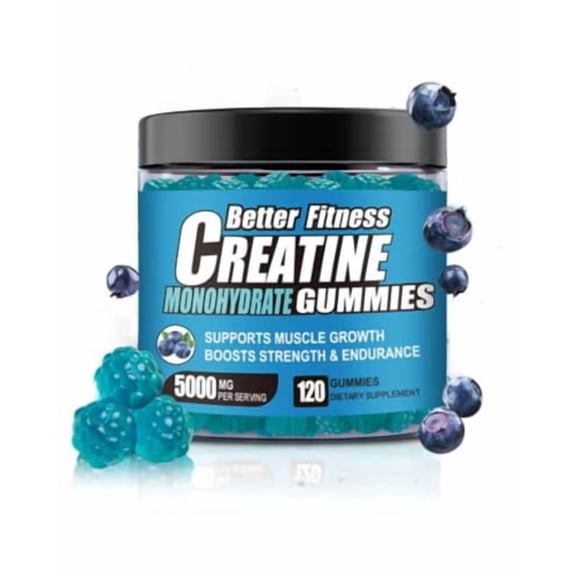Better Fitness Creatine Gummies - Blueberry - NSF Certified, 5G per Serving with L-Taurine, 120 Count, Strength & Recovery supplement, Vegan, No Sugar, Men & Women, 30 Servings