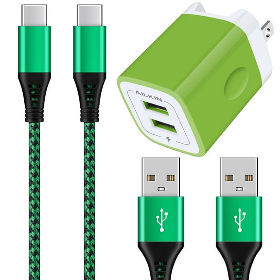 Type C Charger Block with Foldable Plug,AILKIN 2.4A Dual USB Wall Charger Block with 2PACK Android Type C Usb C Charging Cables 6ft USB Fast Charging Type C Charger Block