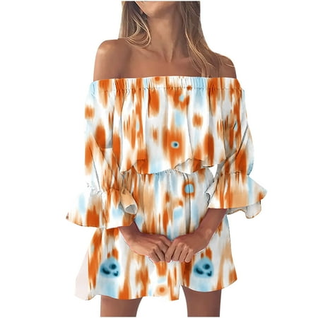 

Womens Summer Casual Off Shoulder 3/4 Flares Sleeve Elastic Waist Boho Short Dress