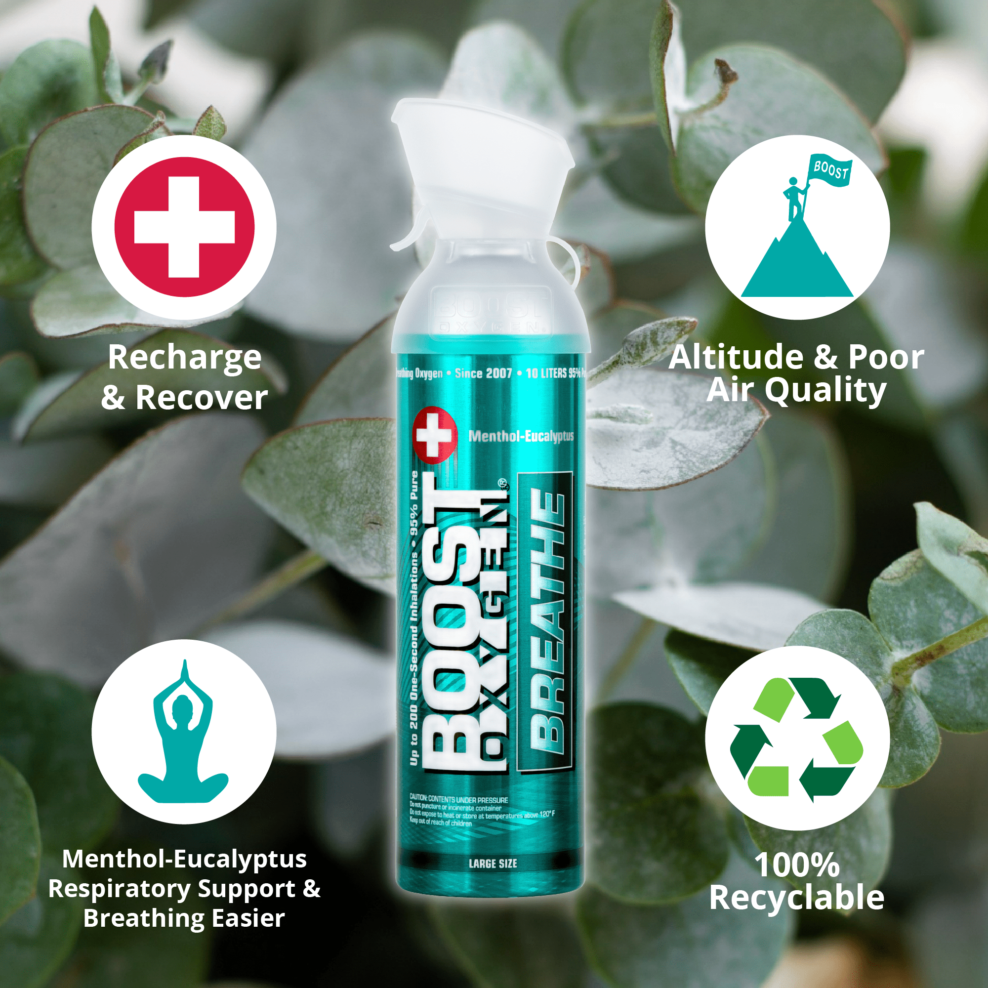 Boost Oxygen Portable Canned Oxygen, Menthol-Eucalyptus, 10L, 6 Pack