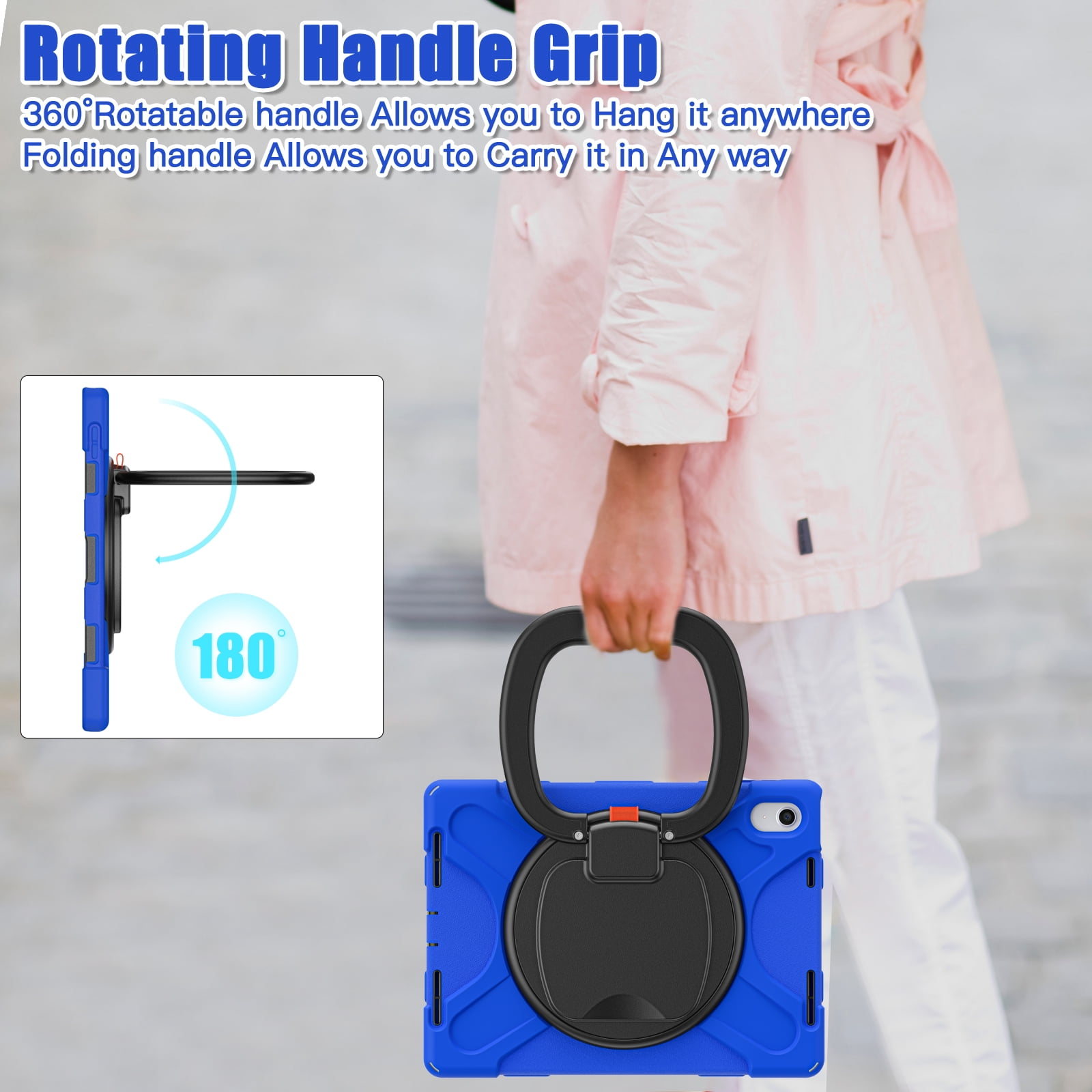 iPad 10th Generation 10.9 Inch Case 2022, TECH CIRCLE Heavy Duty Shockproof Rugged Protective Rotating Stand Case with Pencil Holder Handle Grip Kids Case for Apple iPad iPad 10th Gen 2022, Blue+Black