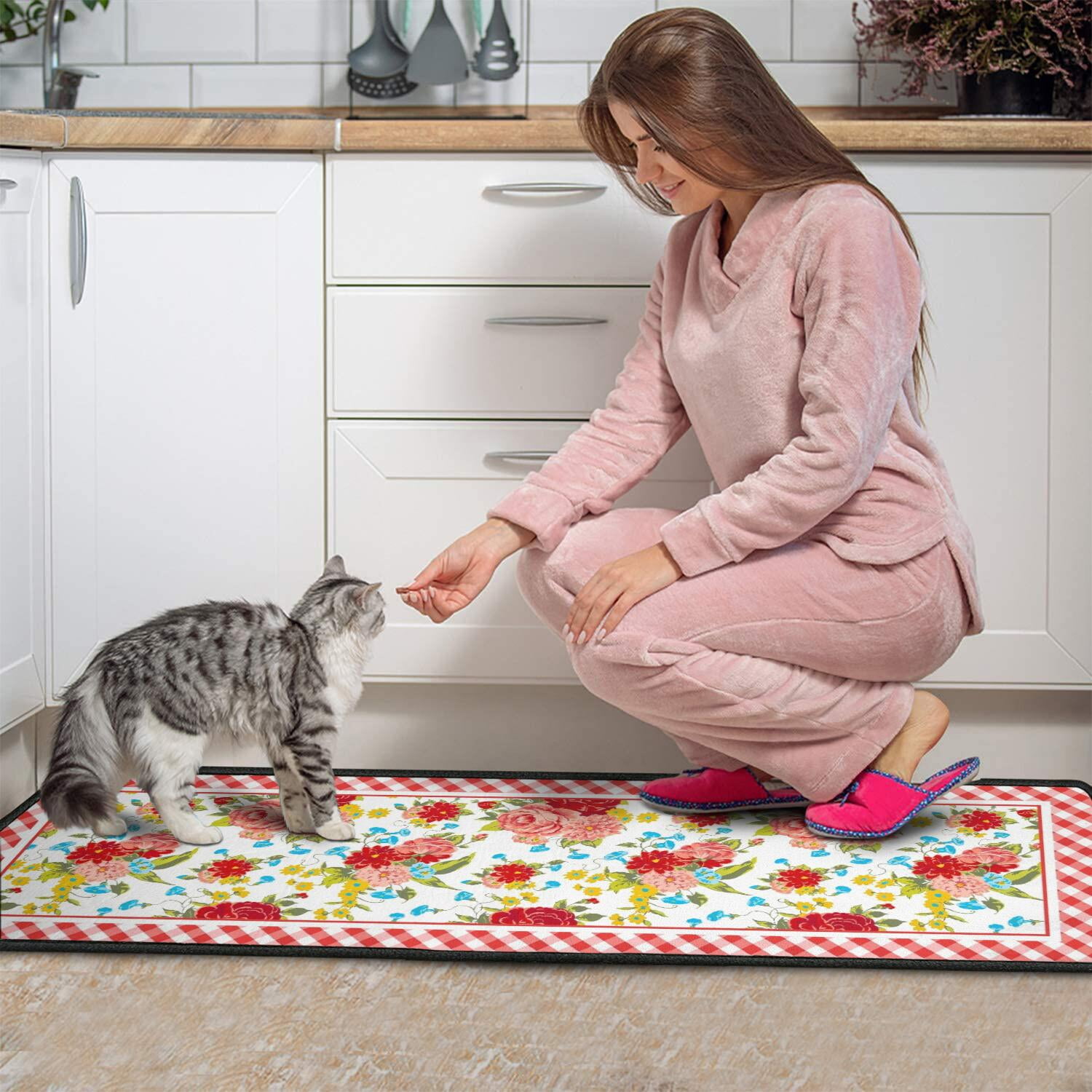 Flower Kitchen Mat Sets 2 Piece Farmhouse Anti Fatigue Waterproof Stain Resistant Floor Rug Non Slip Pioneer Flower Woman Kitchen Laundry Room Rug - 17x30+17x47 Inch