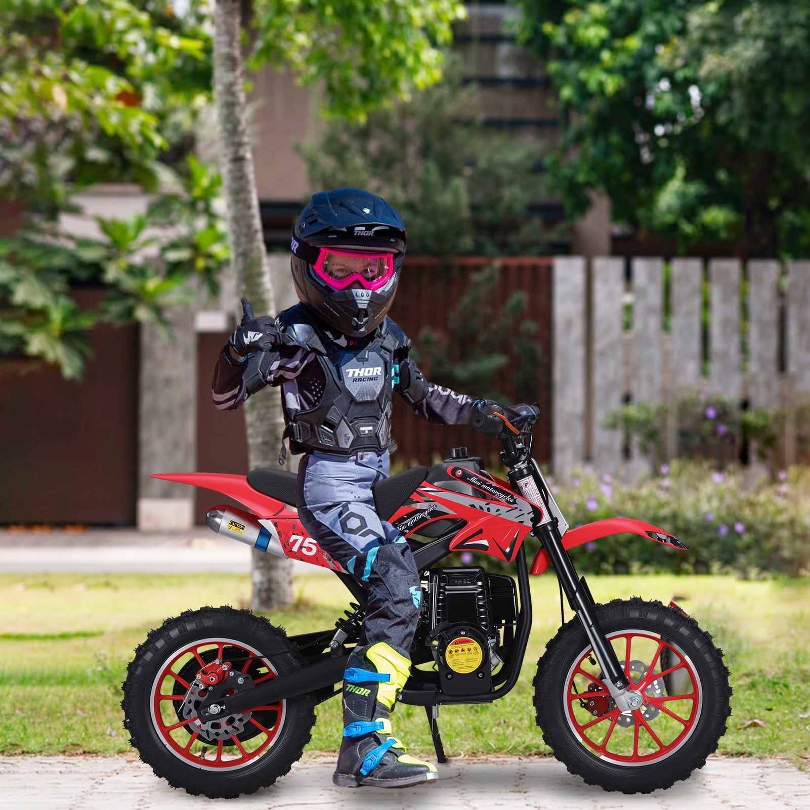 Fompes 49cc Dirt Bike, Gas Powered 4-Stroke with Off-Road Tires, Max Speed 35KM/H, Minibike Trail Bike, Pull Start, Pocket Motorbike for Gift, Load 150lbs