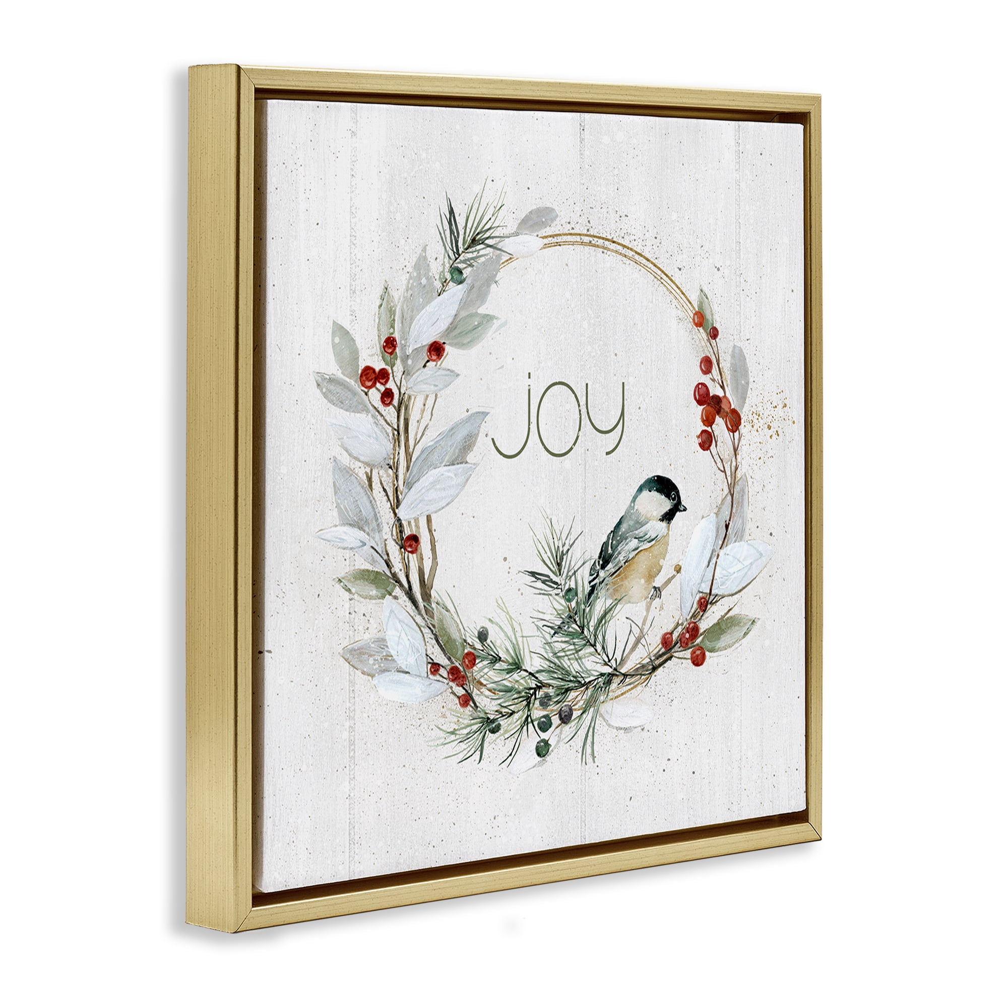 Stupell Industries Simple Joy Winter Wreath Holiday Painting Gold Floater Framed Canvas Art Prints Wall Art, 25 x 25