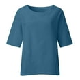 thumbnail image 6 of Women's Casual Cotton Linen T-Shirt, Three-Quarter Sleeve, Round Neck, Pleated Front, Side Slit, Top, 6 of 9