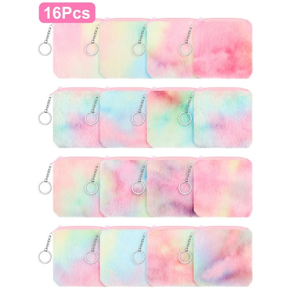 TSV 16pcs Fluffy Tie Dye Fuzzy Wallet for Women, Plush Rainbow Zipper Purse, Coins Card Holder with Keychain Zipper