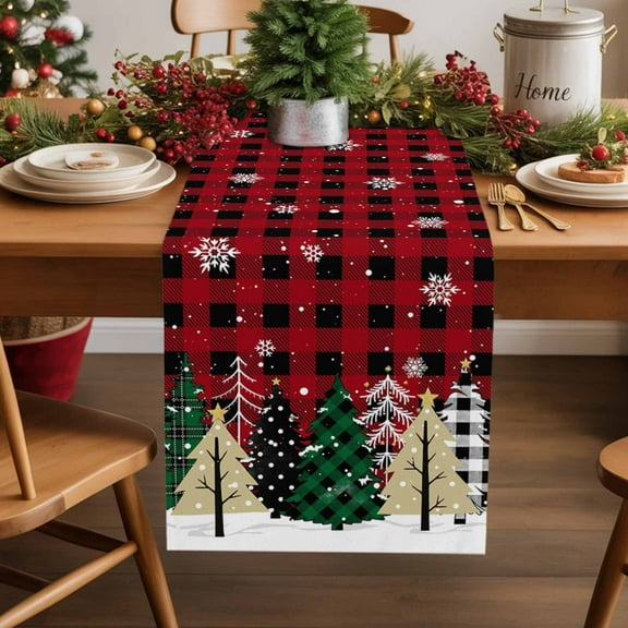 Christmas Tree Cotton Linen Table Runner Winter Snowflake Red Black Plaid Dining Table Runners for Home Decor Party Dining Room Restaurant Kitchen Party 13" x 90"
