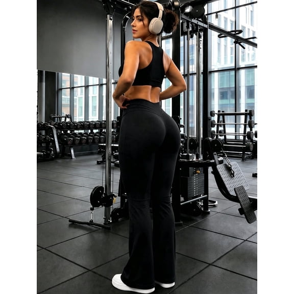 DENTOYOU Women's Flared Yoga Leggings High Waist Flared Pants Butt Lifting Daily Fitness Sports Leggings Black XL