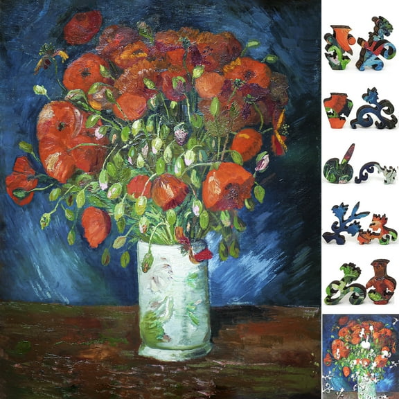 Wooden Jigsaw Puzzles for Adults - Uniquely Shaped Pieces - made in the USA by FoxSmartBox - 235 Pieces - Vase with red poppies