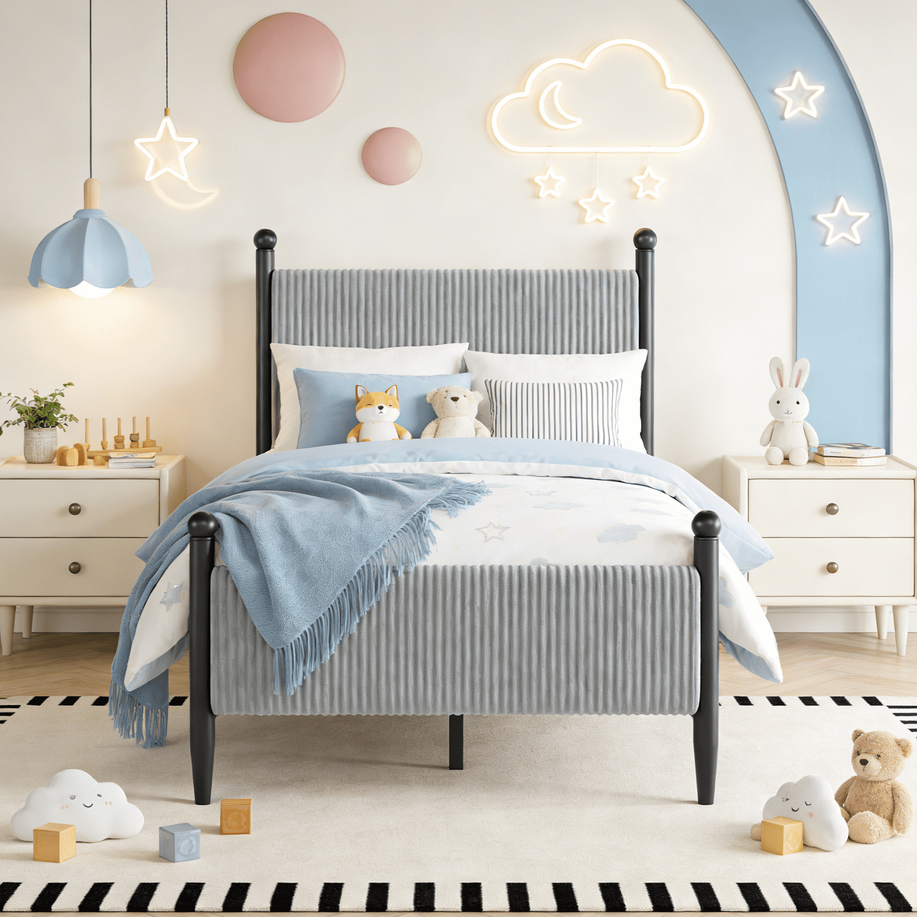 Twin Size Upholstered Bed Frame with Velvet Headboard, Soft Corduroy Fabric Platform Bed with Wooden Slats Support, No Box Spring Needed, Grey