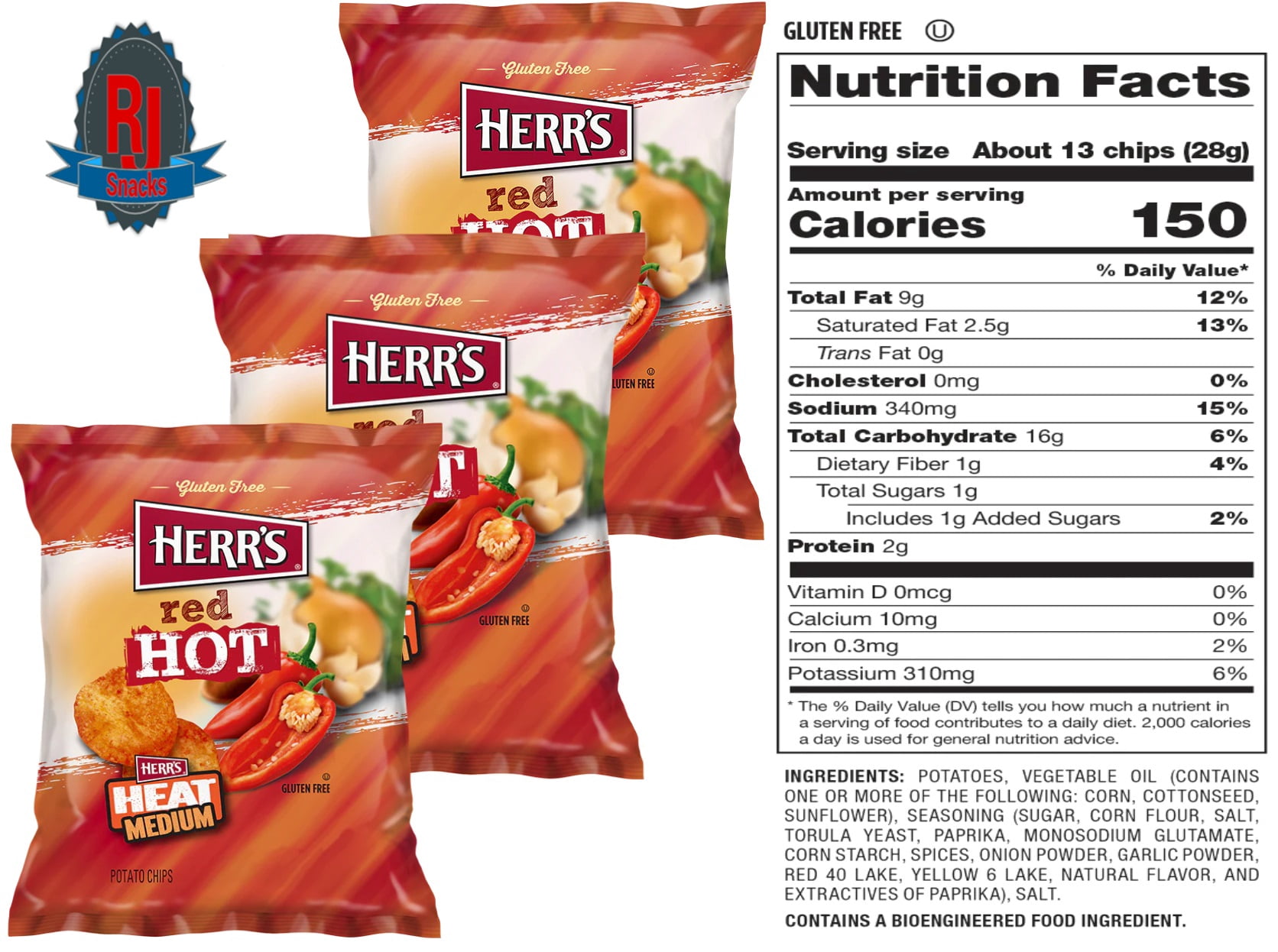 Herr`s Red Hot Potato Chips 1 oz Pack of 24 (Curated by RJ Snacks)