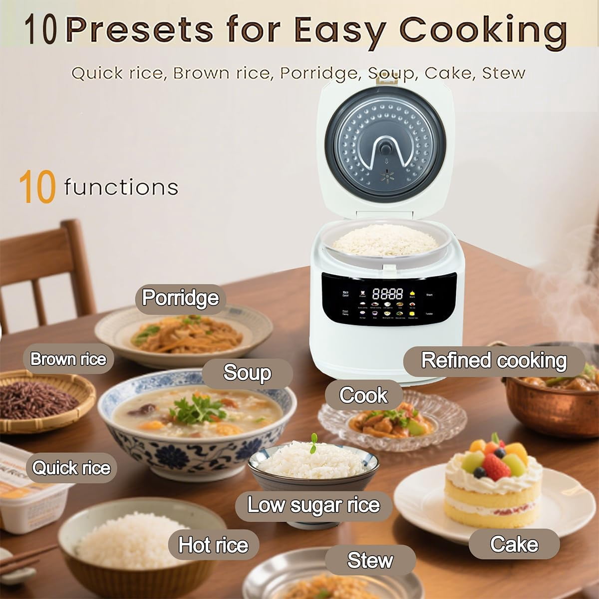 Portable 2L  Ceramic Rice Cooker, 6 Cups Cooked, 400W Non-Stick with 10 Functions & 24h Timer for Dorms Camping