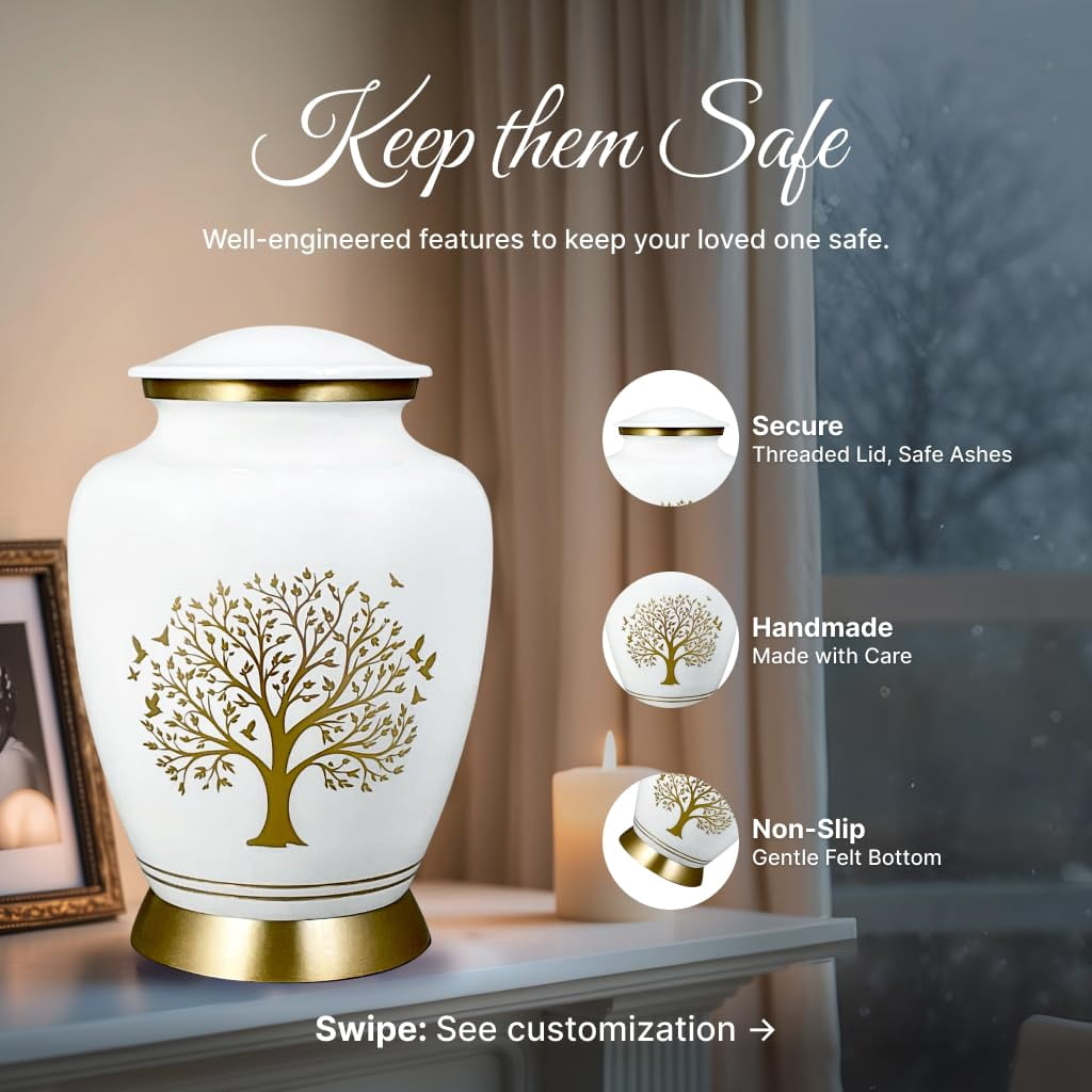 AmericUrn White Tree of Life Cremation Urns for Human Ashes – Adult Female and Male Memorial Set of 6 with 1 Large Urn, 4 Keepsake Urns & 1 NecklaceUrn