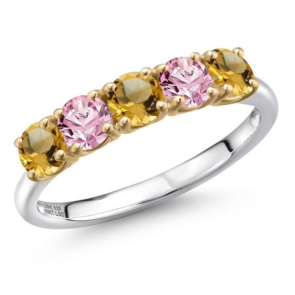 Gem Stone King 925 Silver and 10K Yellow Gold Yellow Citrine and Pink Lab Grown Diamond Wedding-Bands Ring for Women | 1.27 Cttw | Round 4MM | Gemstone November Birthstone | Size 6