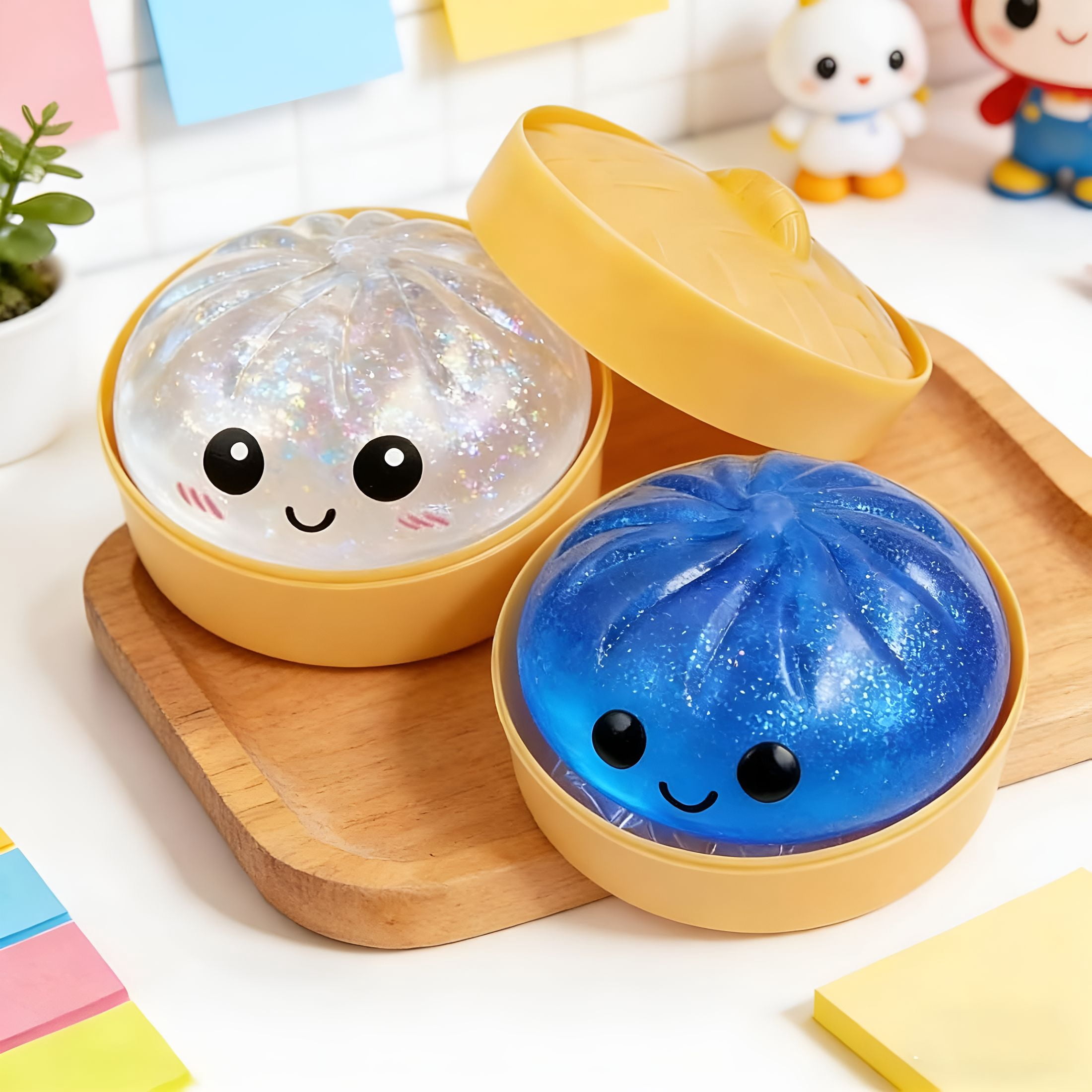 CYFW Glitter Dumpling Soft and Fluffy,New Bun Squeeze Stress Relief Ball with Steamer Box for Stress Relief (2 Pcs)