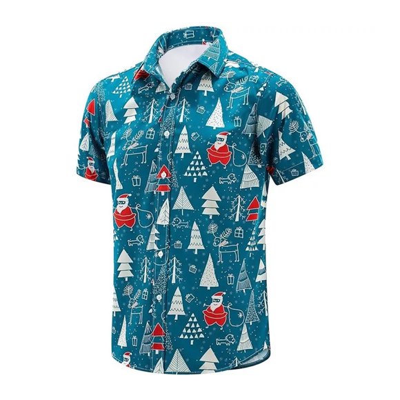 Xingzhi Polyester Beach Christmas Shirt Mens Hawaiian Funny Casual Festive Decorations Summer Festive blue M