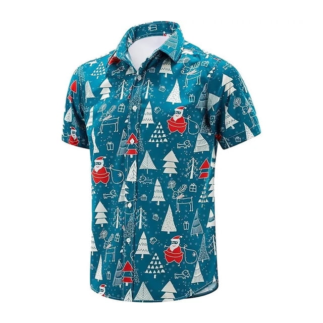 Guardurnaity Poliéster Decoraciones festivas Camisa navideña Camisa hawaiana divertida informal de verano para hombre Disfraces de disfraces azul SG