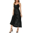 thumbnail image 4 of CURVOSPORT Women's Satin Cami Dress Spaghetti Straps V Neck Elegant Maxi Slip Dresses S Black, 4 of 6
