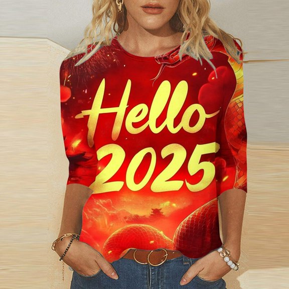 Womens 3/4 Length Sleeve Tops New Year Plus Size T Shirts for Women Firework Printed Crew Neck Graphic Tees (XL, Orange 01)