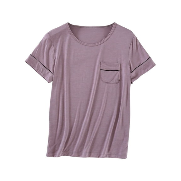 Soft Short Sleeve Pajama Shirt for Women Solid Crew Neck Pj Tops with Pocket Going Out or Loungewear Tee Shirts