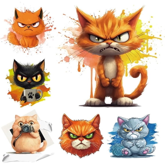 6Pcs Animals Theme Heat Transfer Stickers 6 Styles Angry Cat Iron On Transfers Patches Cartoon Cat Shape Plastic Heat Transfer Decal Clothing Repair Applique for DIY T-Shirt Jackets Backpack