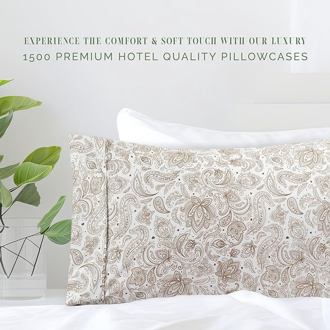 Elegant Comfort Set of 2 Floral Print Pillowcases, 1500 Series Hotel Quality Microfiber, Soft and Smooth with Envelope Closure, King, Paisley Taupe
