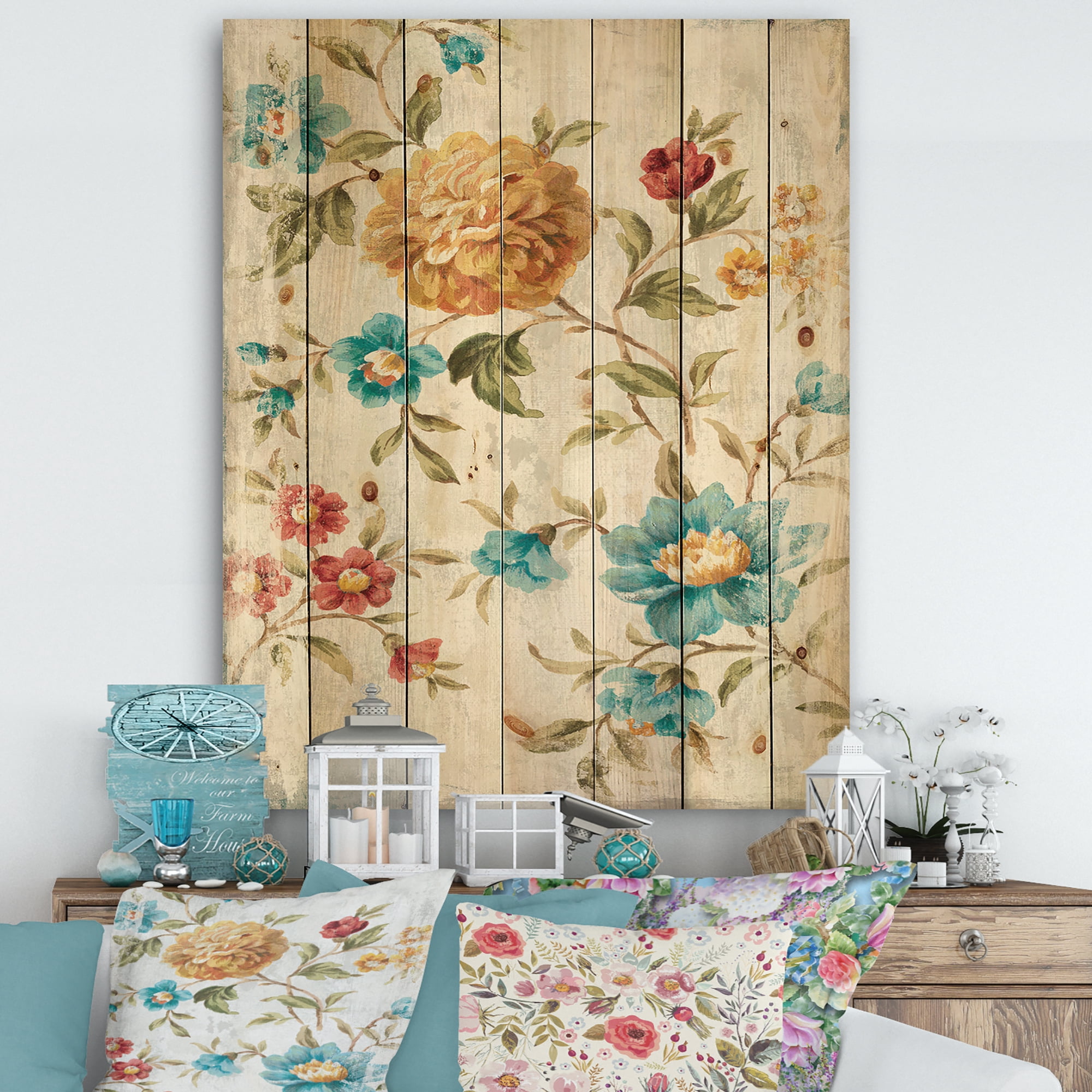 Designart 'Retro Golden Flowers' Cabin & Lodge Print on Natural Pine Wood