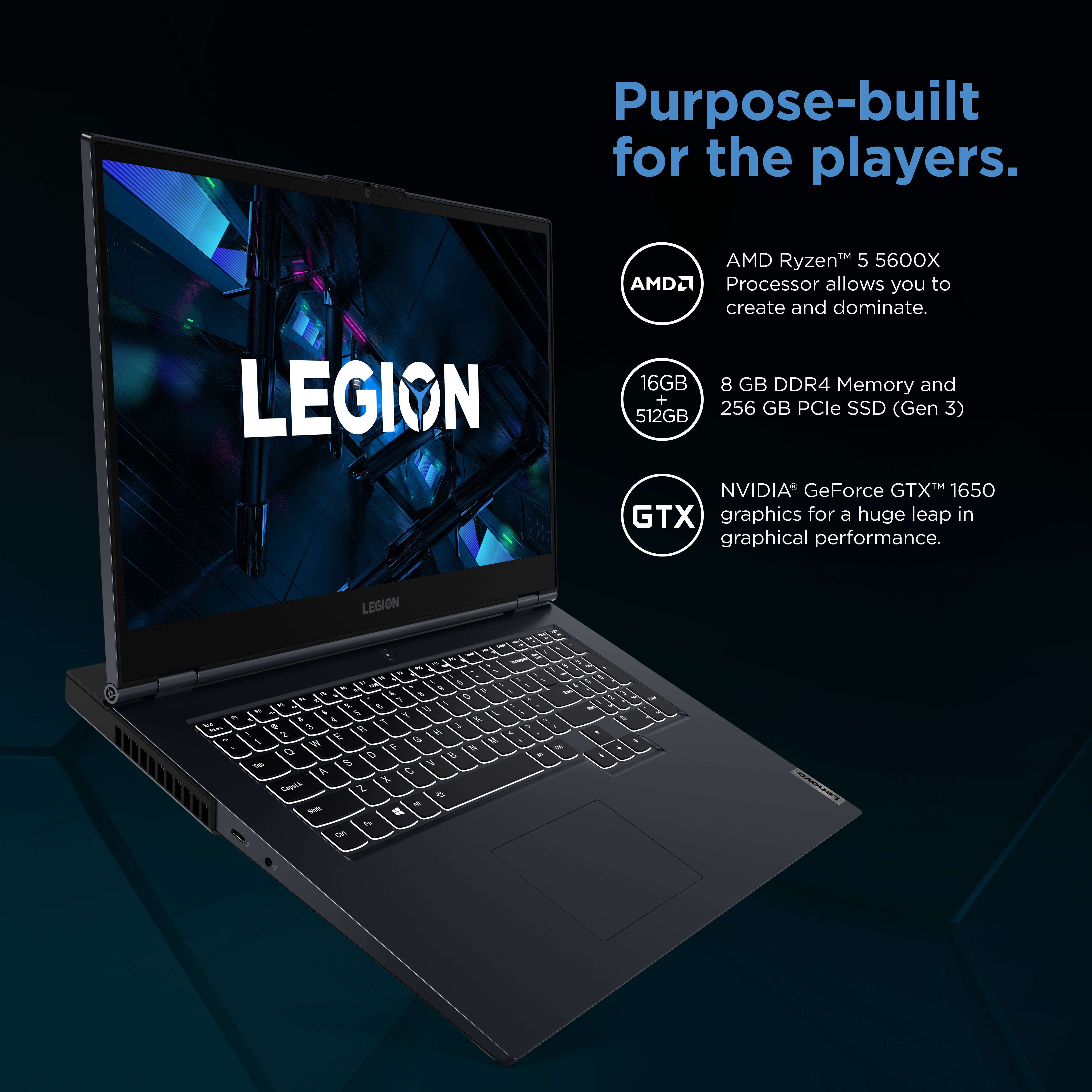 Lenovo Legion 5, 17.3", AMD Ryzen 5 5600H, NVIDIA GeForce GTX 1650, 8GB, 256GB NVMe TLC SSD, Windows 11 Home, Phantom Blue, 82K00045US - image 17 of 20