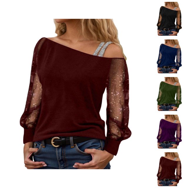 Sparkle Tops for Women 2026 Spring Fashionable Y2K Long Sleeve Off Shoulder Mesh T Shirts Going out Tops Rave Outfit