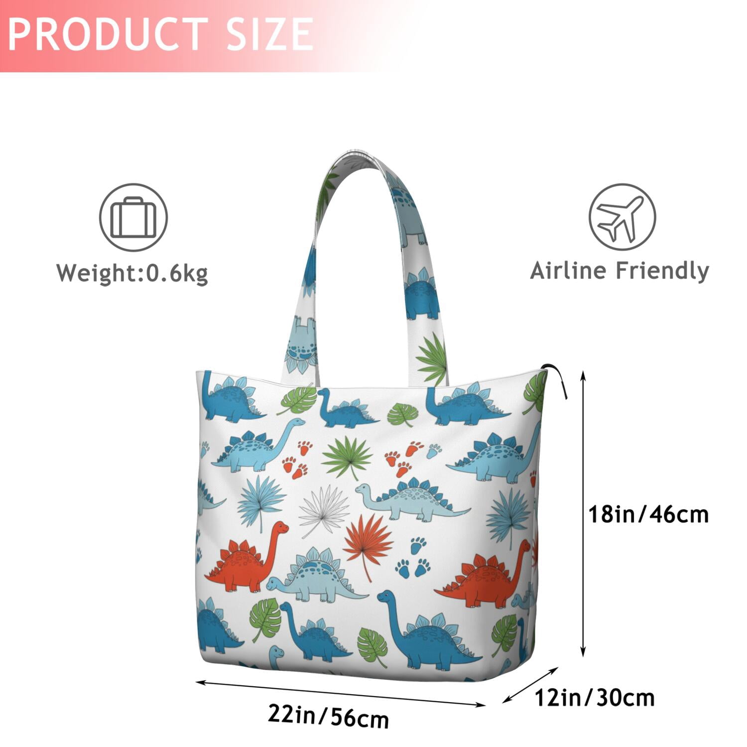 White Cartoon Dinosaurs Leaves Footprints Pattern Travel Tote Bags for Women Carry On,Large Weekender Bags for Women Travel,Multi Functional Duffle Bag for Work,Shopping,Sports