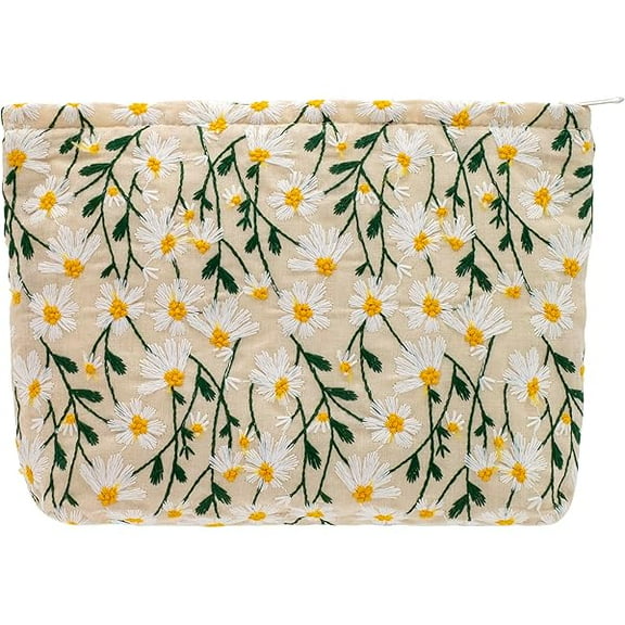 Makeup Bags for Purse Zipper Cosmetic Pouch Large Travel Canvas Make Up Organizer Tool Pouch for Women and Girls,Daisy White