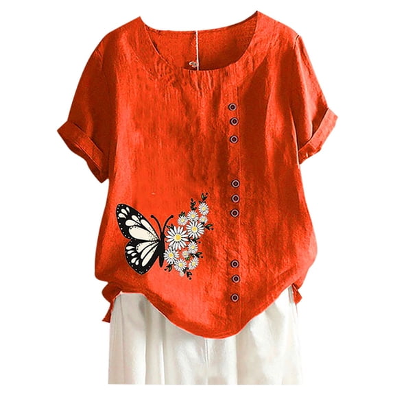 Patlollav Womens Summer O-Neck Short Sleeve Butterfly Printed Loose Shirt Tops Blouse