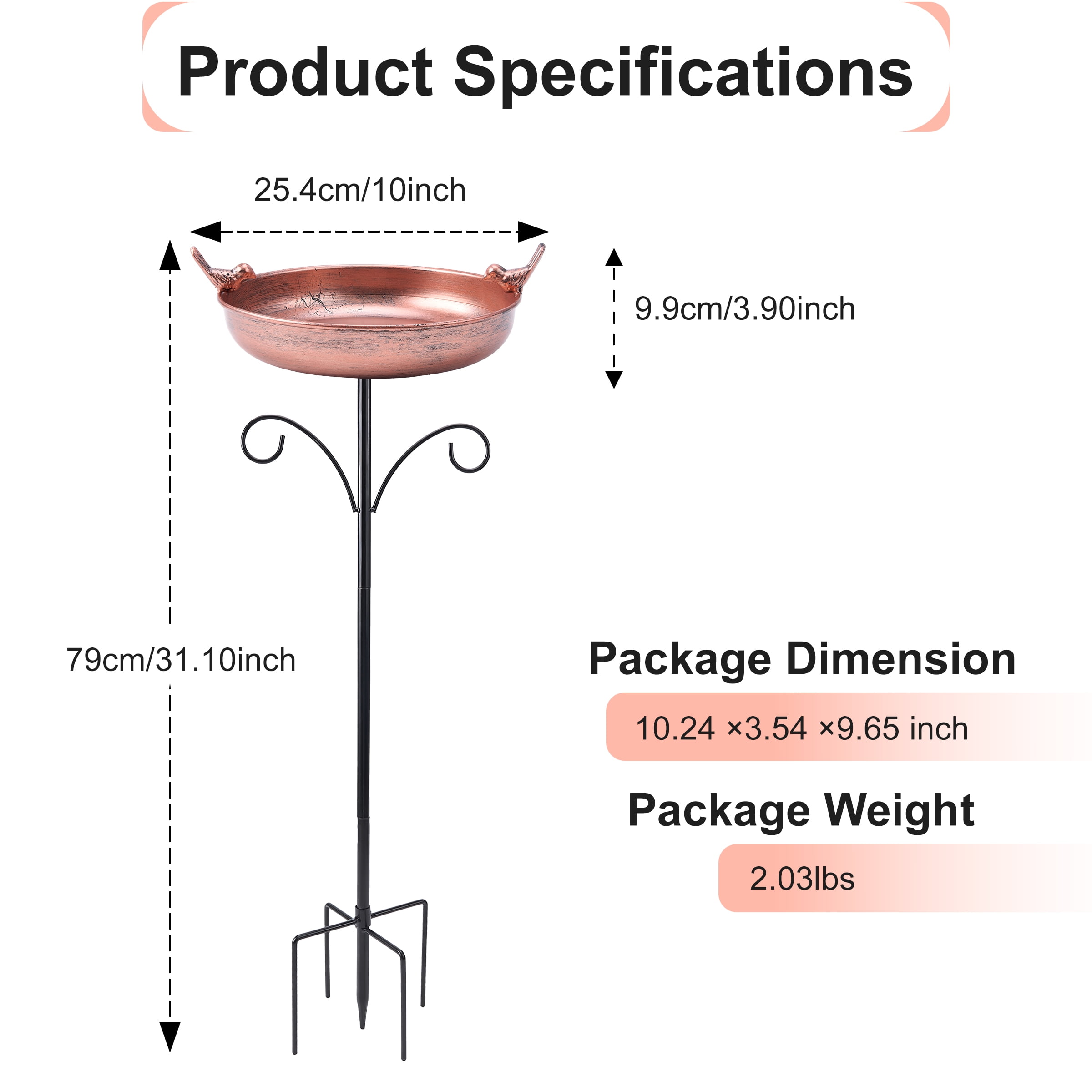 DualFerv Oval Polyresin Bird Bath Bowl with Metal Stake,31 inch Height Outdoor Freestanding Birdfeeder, 5-Pronged Base, Bronze