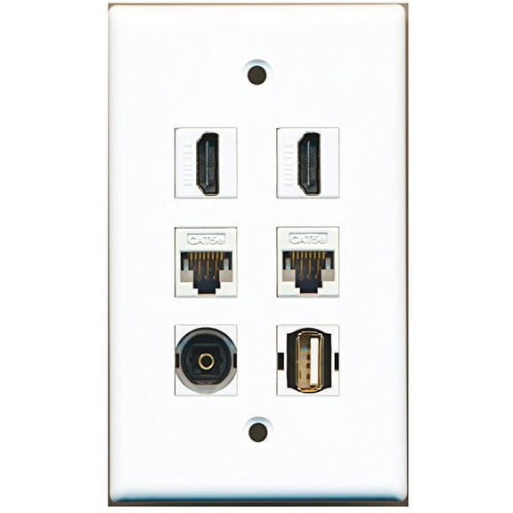 RiteAV - 2 HDMI 1 Port USB A-A 1 Port Toslink 2 Port Cat5e Ethernet White Wall Plate
