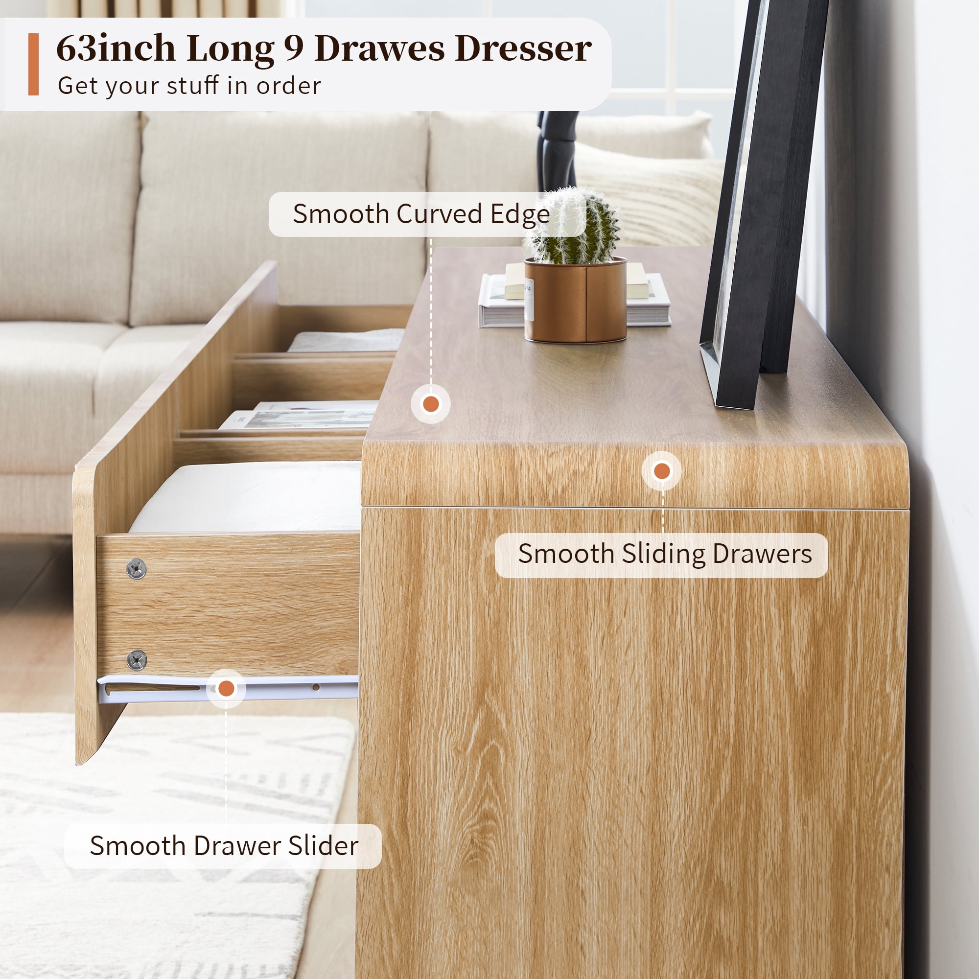 LEFHDA 63" Large 9 Drawer Wood Dressers, Fluted Wide Chest of Drawers, Mid Century Modern Wood Dresser for Living Room, Bedroom, Oak
