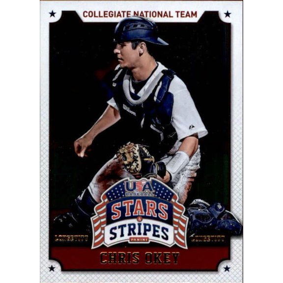 Collectible 2015 USA Baseball Stars and Stripes Longevity Retail Gold #20 Chris Okey Baseball Trading Card