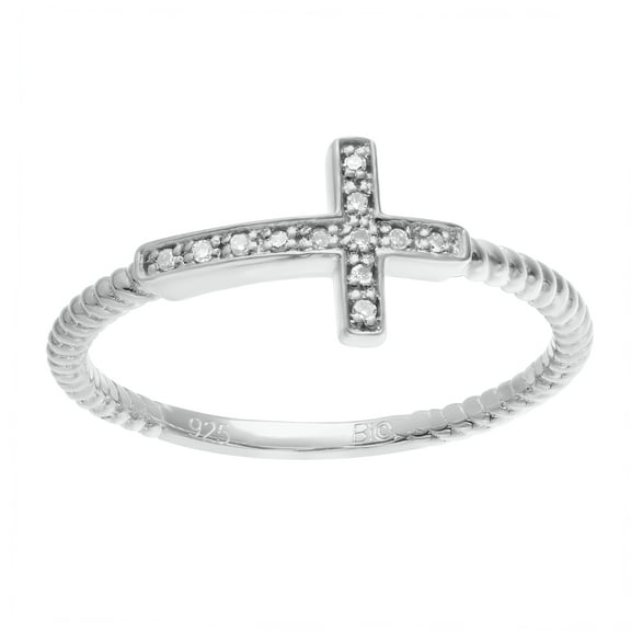 .04 cttw White Diamond Sideways Cross 925 Sterling Silver Ring Size 8