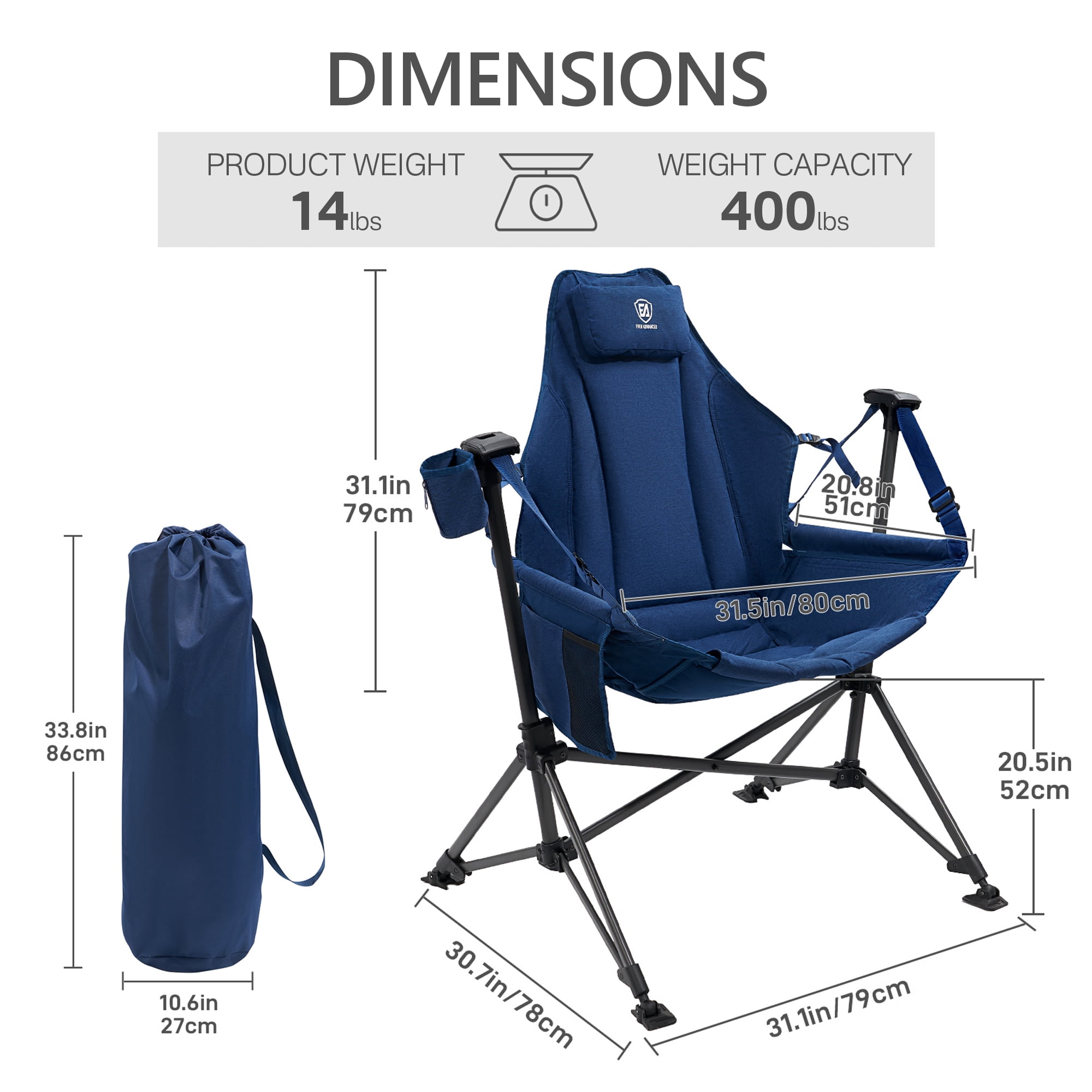 Hammock Camping Folding Chair for Outdoor with Adjustable Back and Padded Seat, Blue