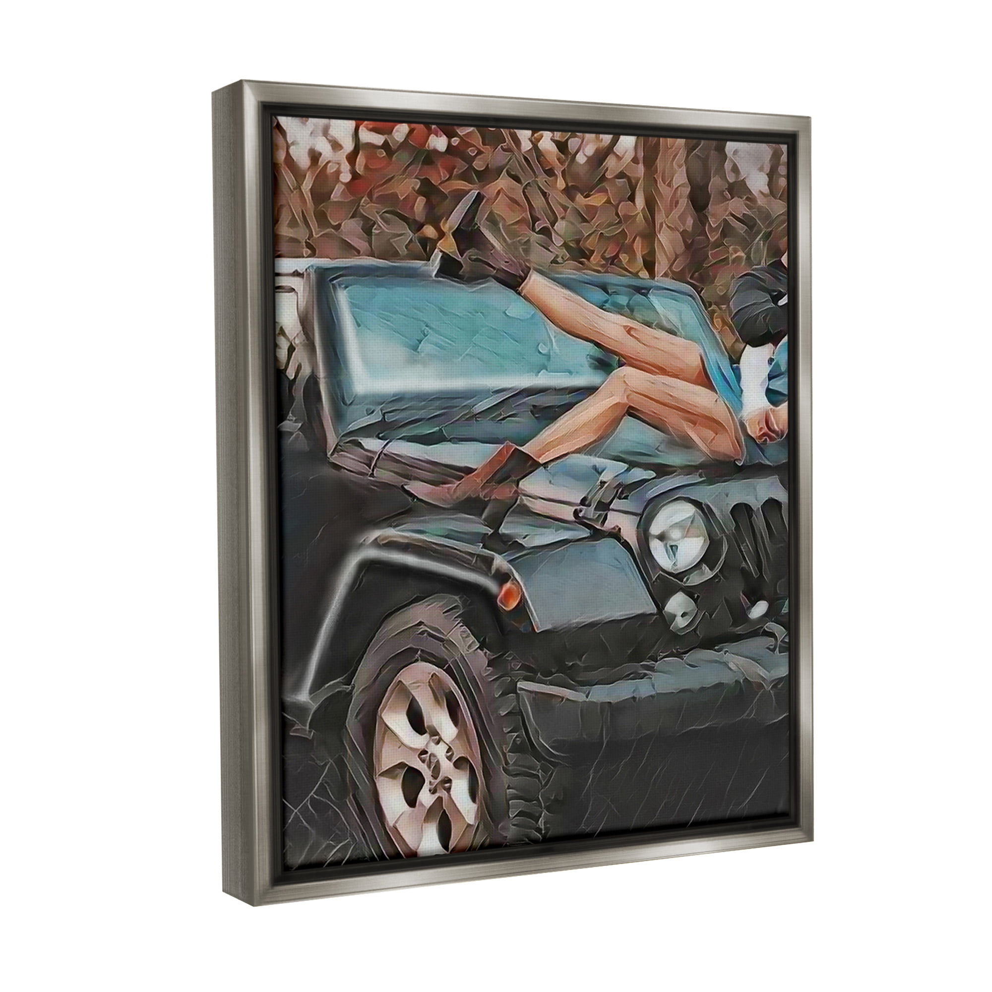 Stupell Industries Cowgirl on Car Hood Transportation Painting Gray Floater Framed Canvas Art Print Wall Art, 25 x 31