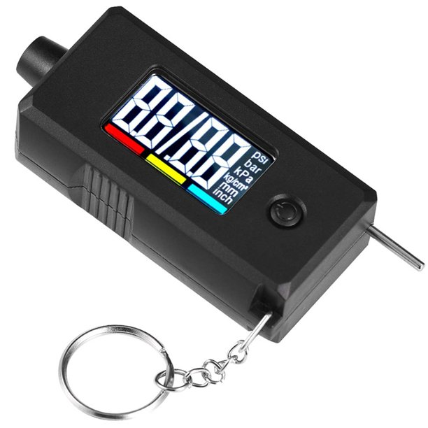 Medidor digital de presión y profundidad de la banda de rodadura de neumáticos con pantalla LCD y rango de 0 a 100 PSI.