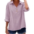 thumbnail image 4 of ManxiVoo V Neck Button Down Blouse for Women 3/4 Sleeve Cotton Linen Shirt Breezy Summer Tops Relaxed Fit Casual Office Wear M Size Light Violet, 4 of 9