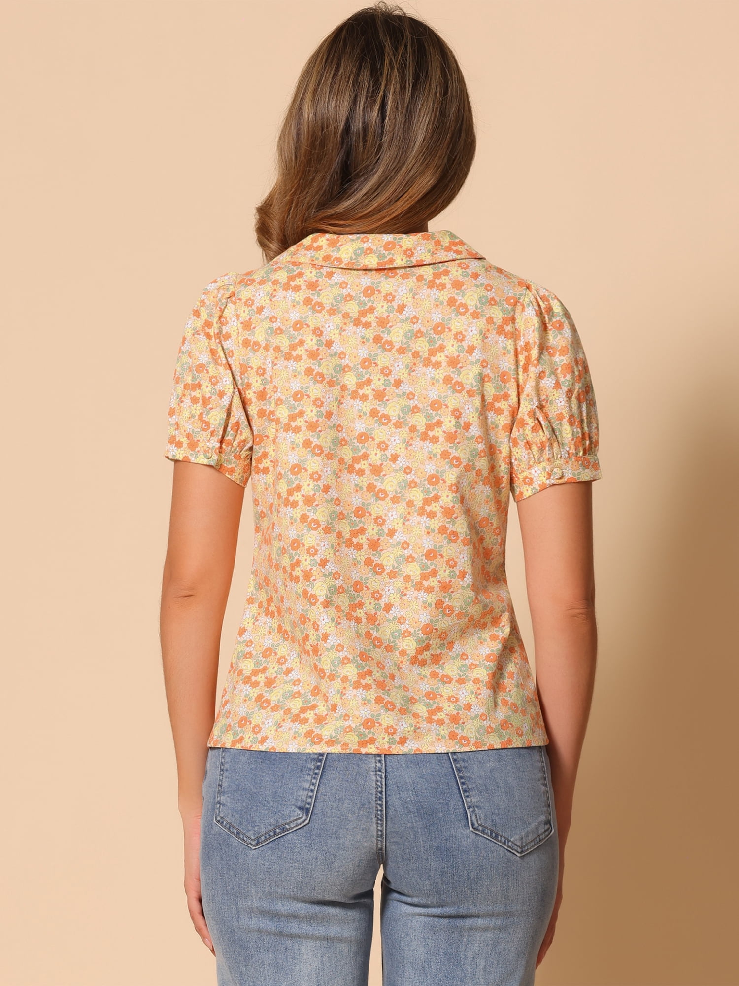 DARING DIVA Women's Turndown Collar Button Down Floral Blouse L Orange