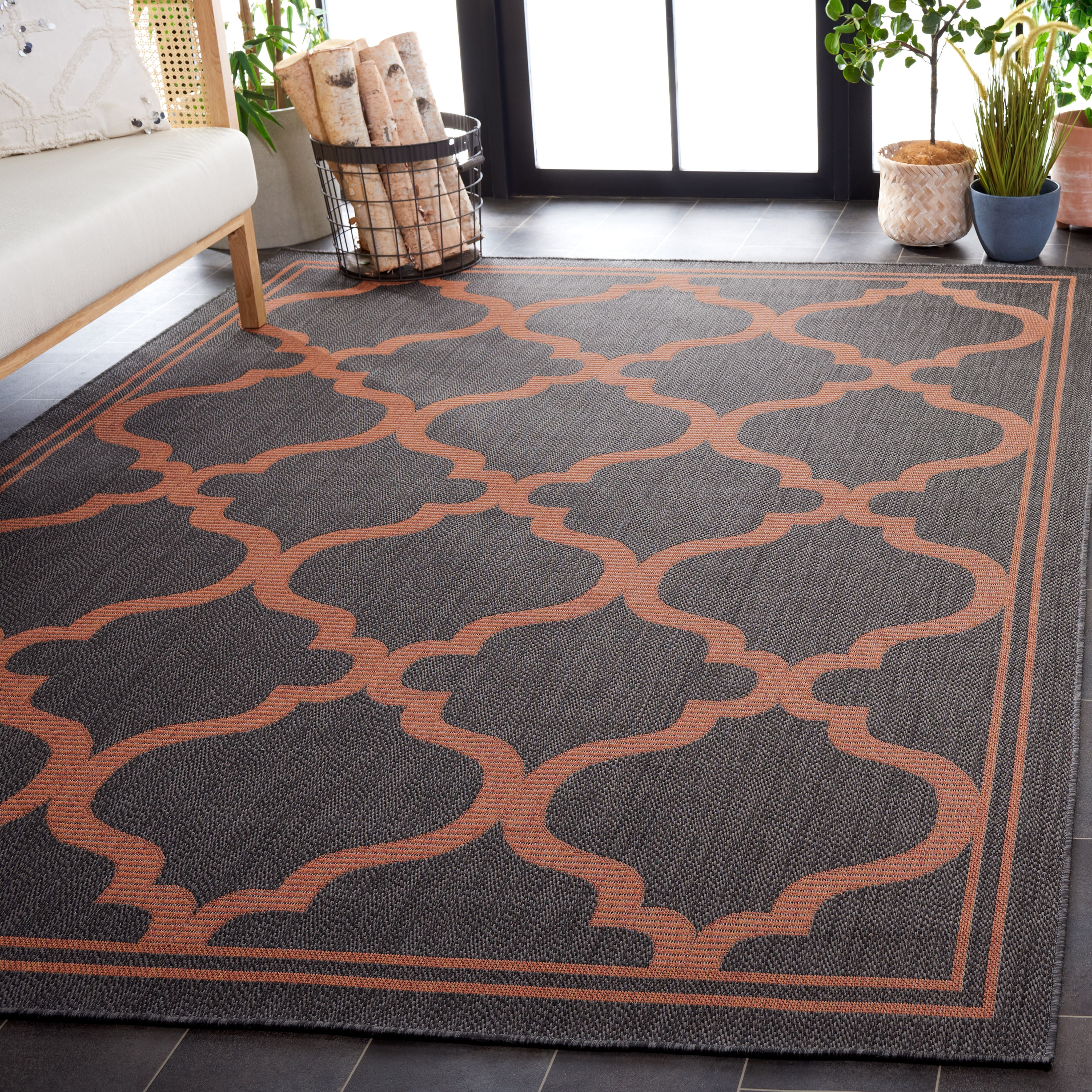 SAFAVIEH Machine Washable Rug Indoor/Outdoor Bermuda Collection - Bermuda Tamaya Geometric Machine Washable Indoor/Outdoor Area Rug, Charcoal/Rust, 8' x 10'