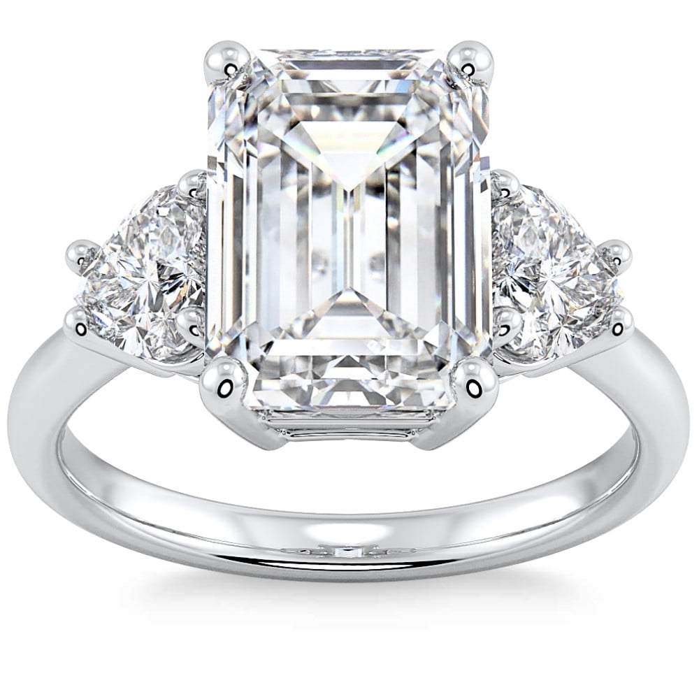 Pompeii Certified 4 1/2Ct Emerald & Heart 3-Stone Diamond Ring 14k Gold Lab Grown