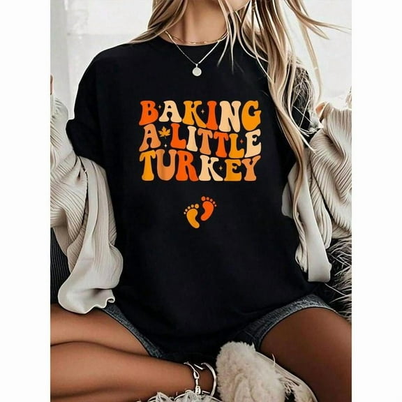 Fashion Graphic Tee,Tops Has"Baking A Little Turkey"Text With A Pair Of Footprints Print,Round Neck Regular Fit T-shirts, Size(S-5XL)