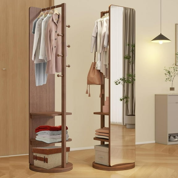 FLERISE 65.7'' x 17.7'' Full Length Mirror, 360° Swivel Solid Wood Floor Mirror with Coat Rack Storage Shelf, Standing Full Body Mirror for Bedroom Living Room, Walnut