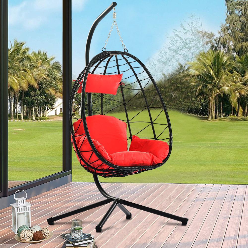 Hanging Wicker Egg Chair with Stand and Red Cushion, Heavy Duty Steel Frame Resin Wicker Hanging Chair, Outdoor Indoor UV Resistant Furniture Swing Chair with Headrest Pillow, 264lbs - image 2 of 13